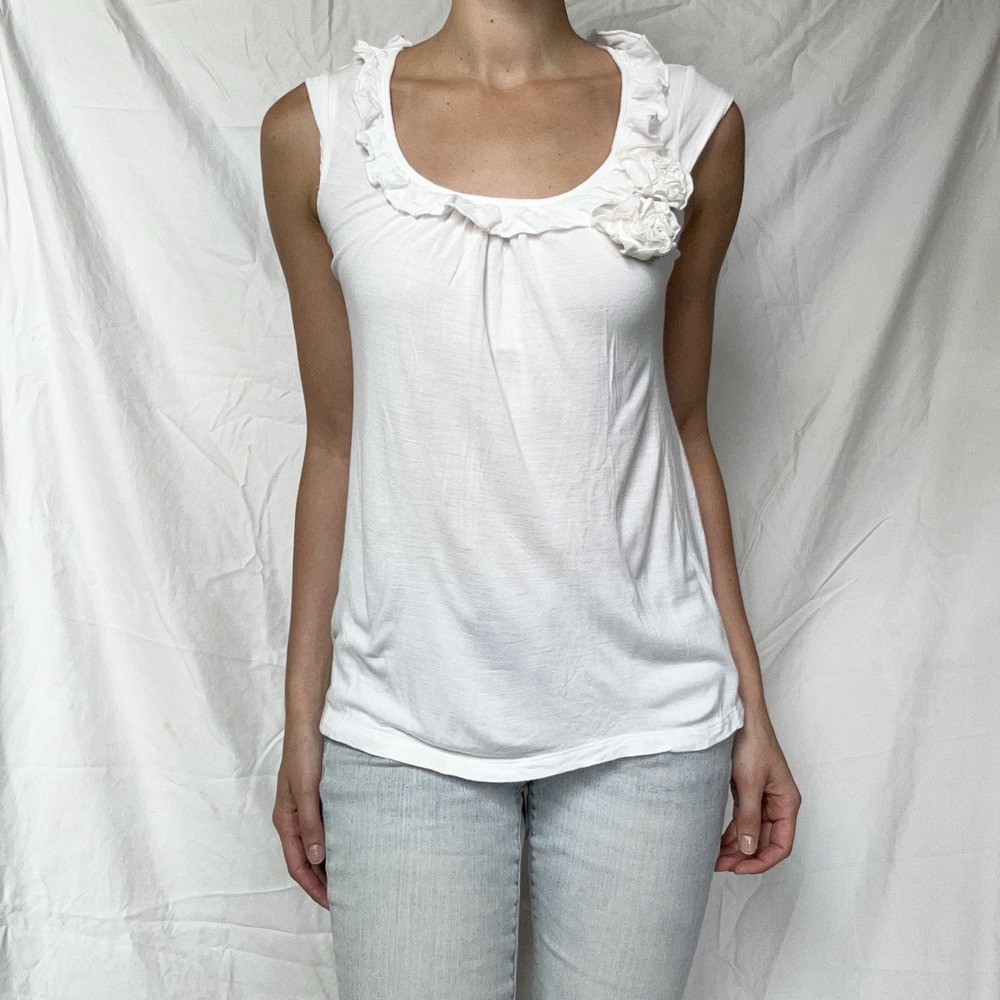 2000s White Ruffle Rosette Tank Top Fairy Coquette Feminine Romantic Dainty